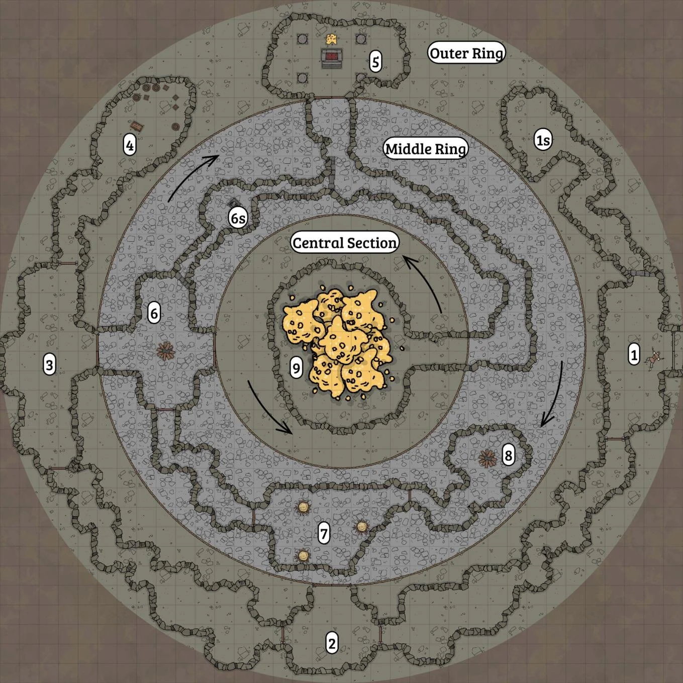 The complete circular Hungering Maze map, showing its central chamber, rotating rings and outer rooms.