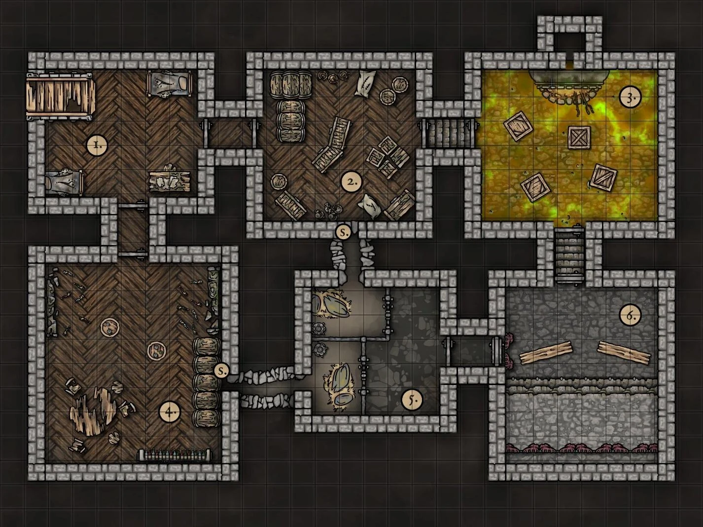 Cheddar Keep dungeon map from Cheese Goblins Deux, showing the ruined manor's interconnected cellar rooms.