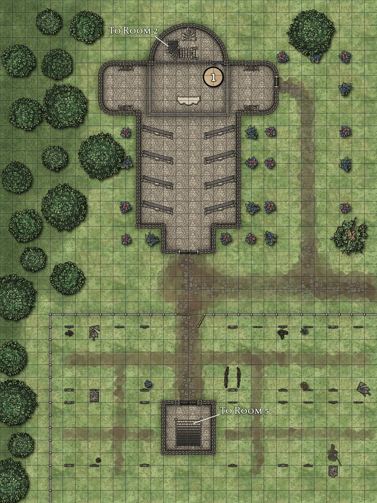 Original exterior map of the Church of Lavache, with its sanctuary, surrounding paths, graveyard, and crypt entrance.