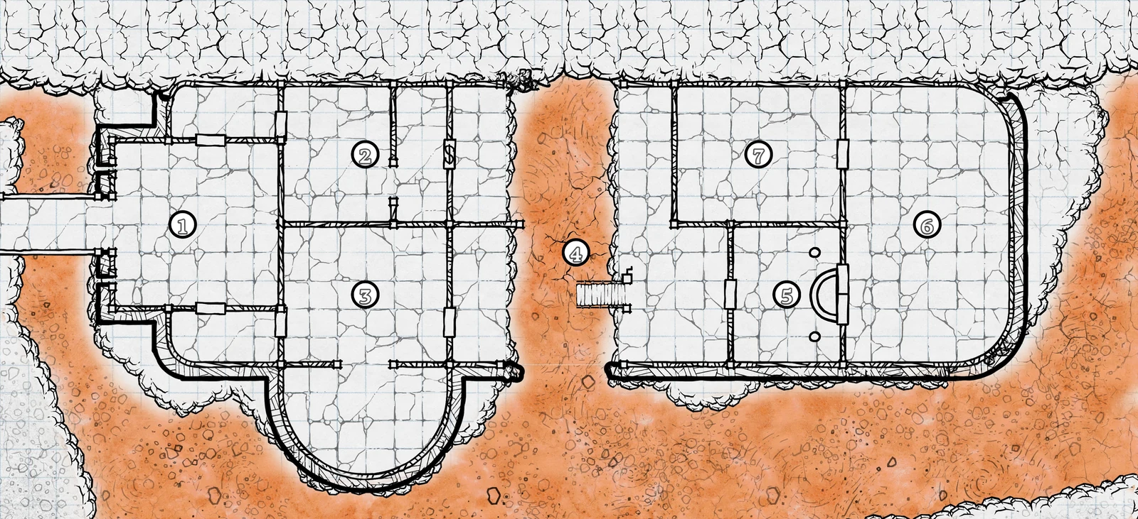 Original Emberash Hold dungeon map, showing dwarven chambers divided by a river of lava.