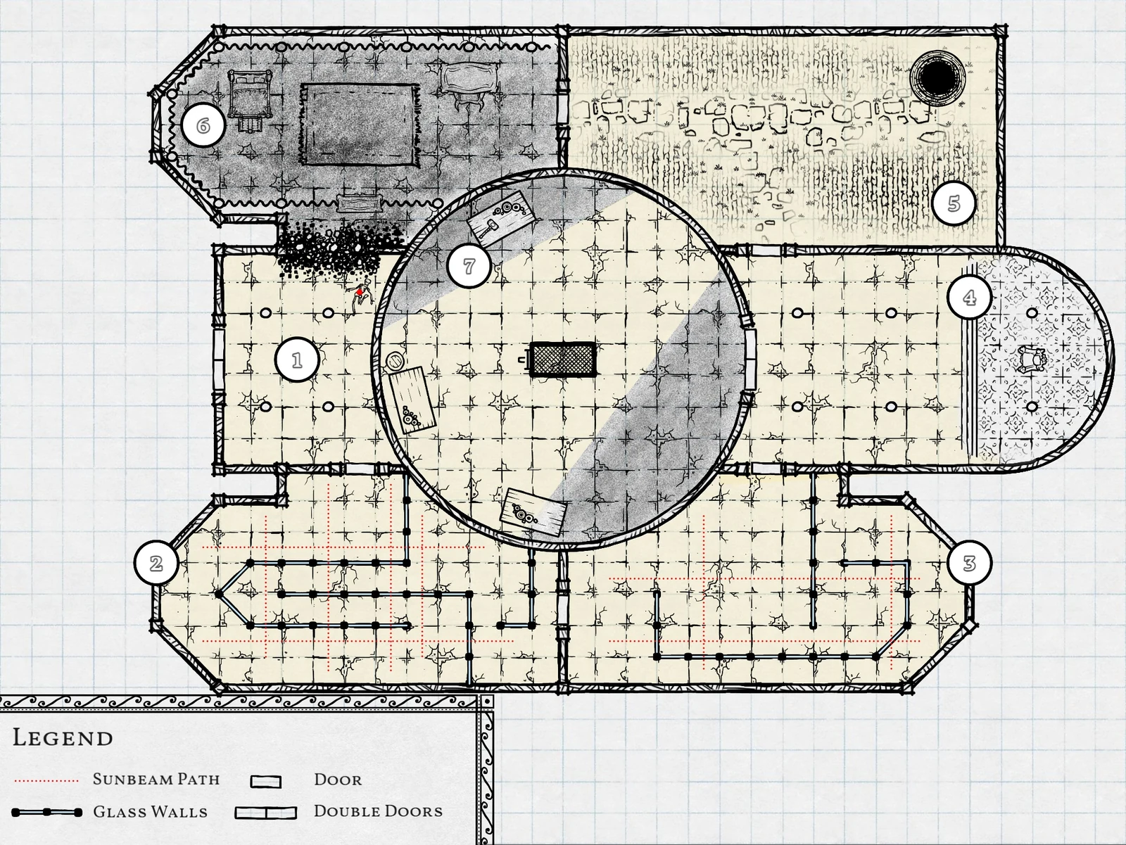 Original Cult of the Sun palace map, with a central observatory, glass walls, and marked sunbeam paths.