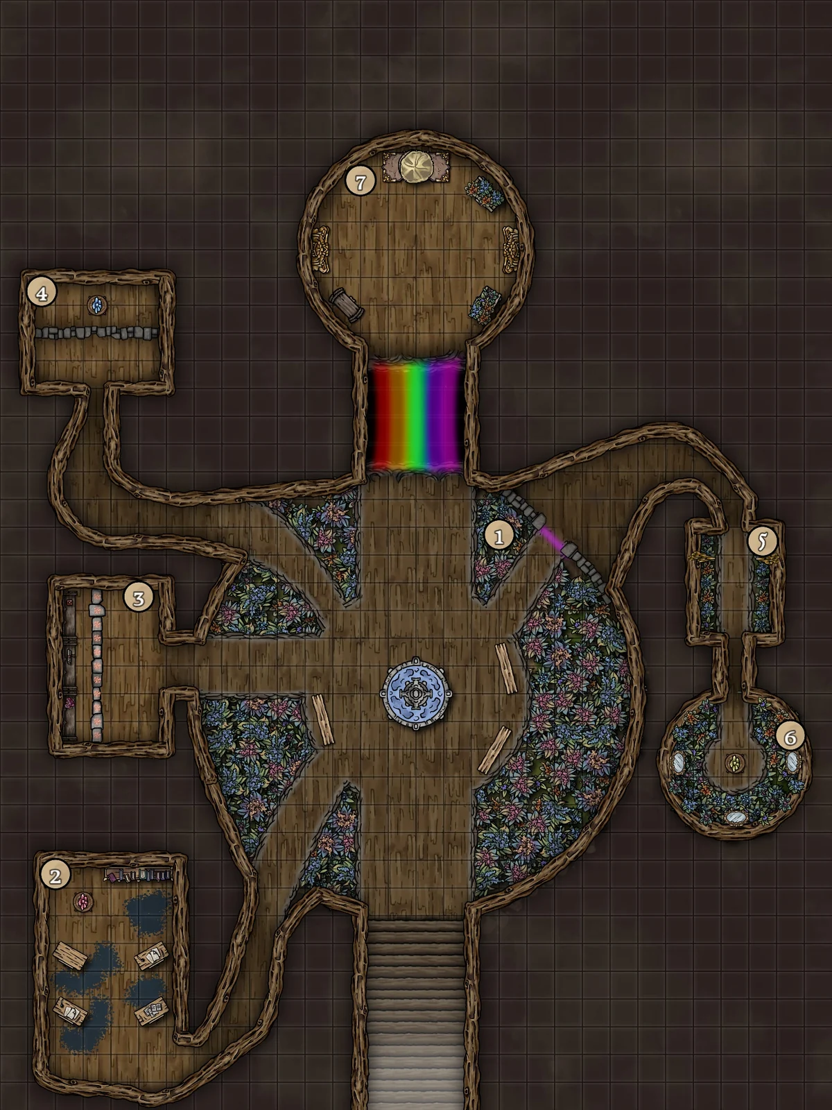 Full-color map of the living temple beneath the Tree of Color, with its branching chambers and rainbow bridge.